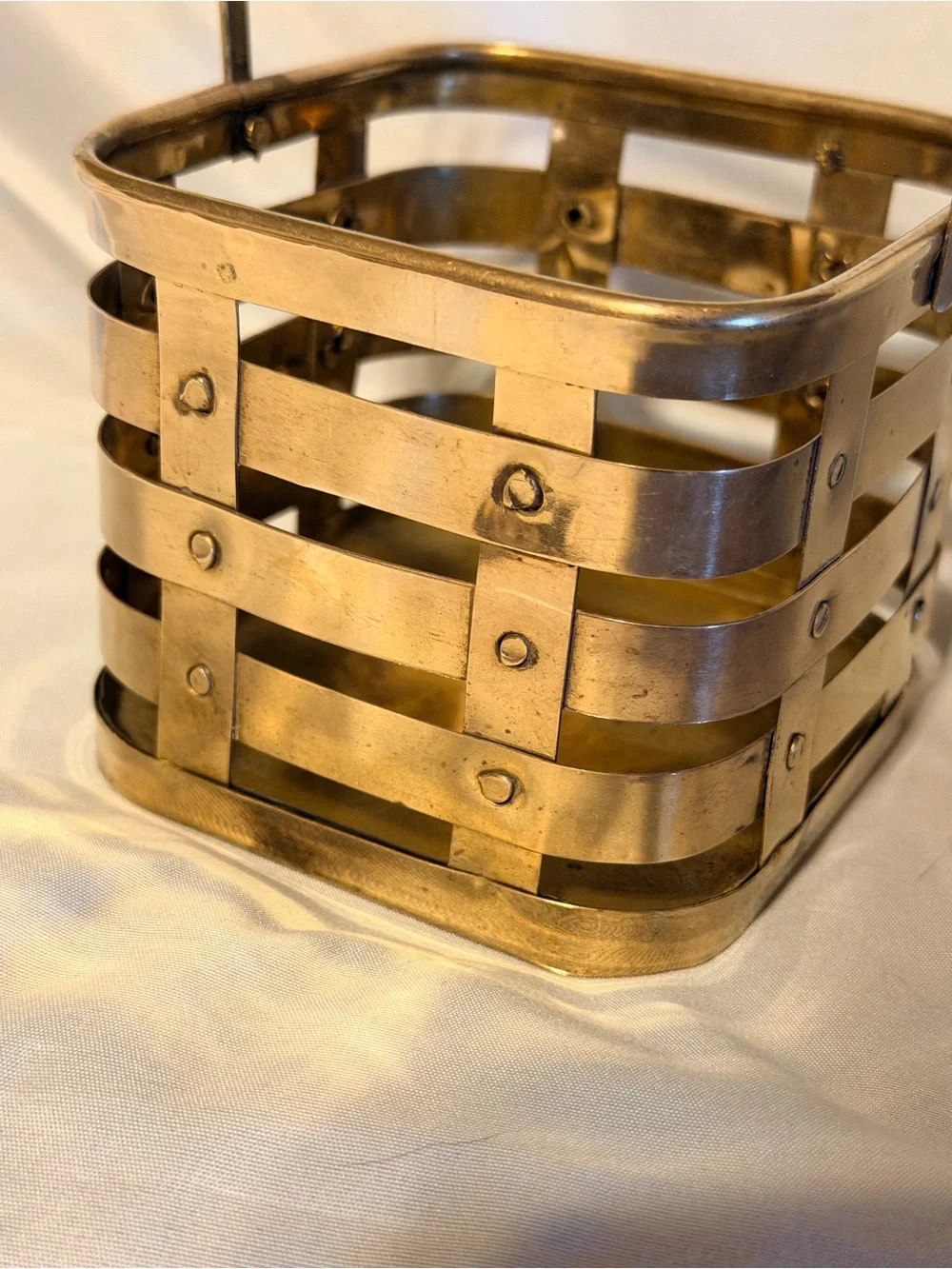 Vintage Woven Brass Basket Caddy Rustic Boho Organizer Made in India Decor